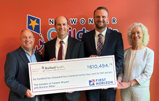 Patrick Miller and others holding a $610,000 check to the Ballad Health Niswonger Children’s Network
