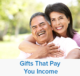 A couple smiling. Links to Gifts That Pay You Income